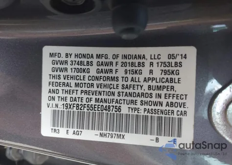 2014 Honda Civic Lx z USA, uszkodzony, nr VIN 19XFB2F55EE048756